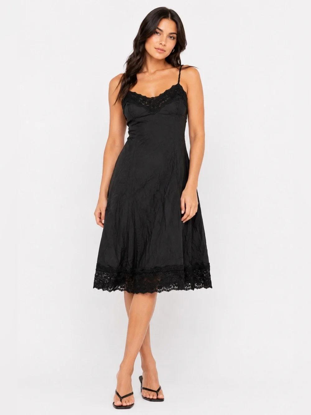 60s/70s European Vintage Charmor Silky & Lace Midi Slip Dress (Black) Size M/L
